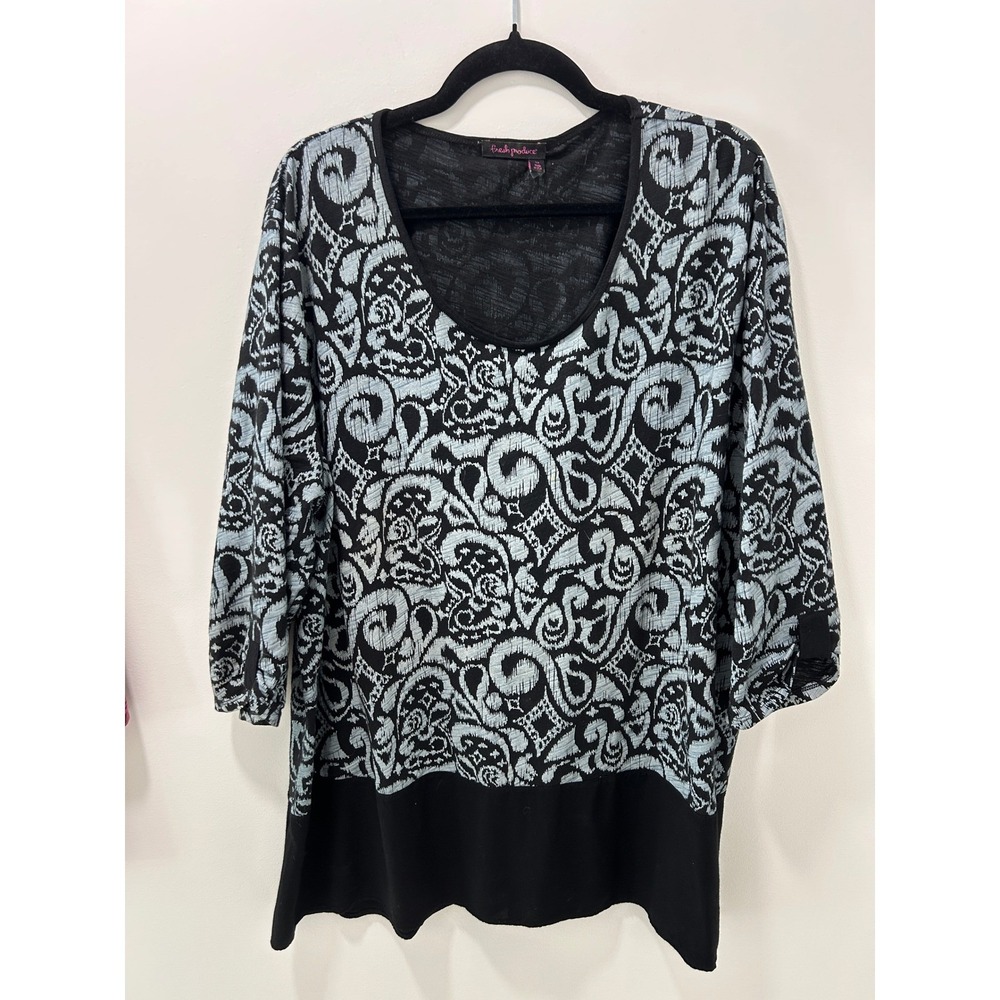 Fresh Produce Womens 3X Tunic Top Blue Black Paisley Ikat 3/4 Sleeve Made in USA